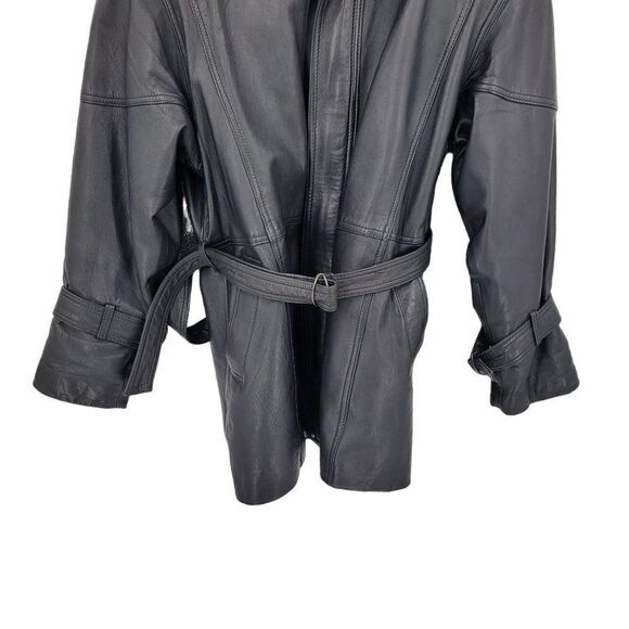 Vintage 80s Leather Flight Jacket M Black Long Belted Hidden Zip Biker Moto - Picture 6 of 16